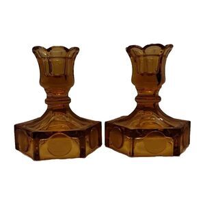 Vintage Fostoria Amber Coin Glass Pair Candlestick Holders, Excellent Condition!